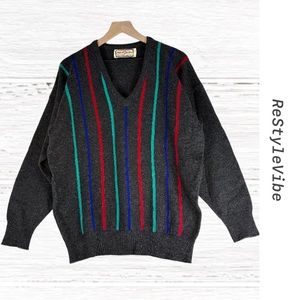 ALAN PAINE Men’s Size 44 L-XL Sweater Made in England Vintage Wool Striped Vneck